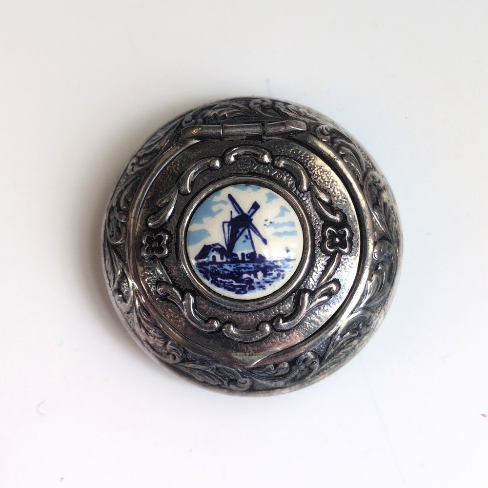 Vtg Delft Porcelain & Dutch Silver Pill Box Blue Windmill Trinket